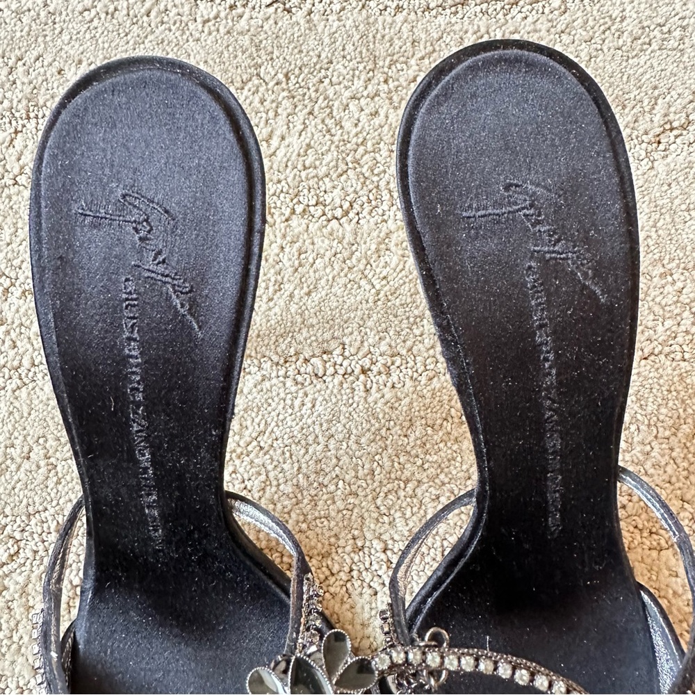 Giuseppe Zanotti Black Satin Rhinestone Enamel Anklet Heel Sandals IT 38.5 NIB - Picture 9 of 17